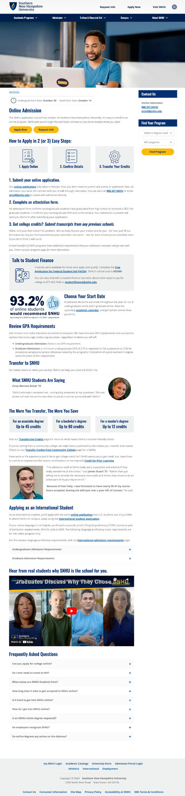 Image of SNHU online admission webpage